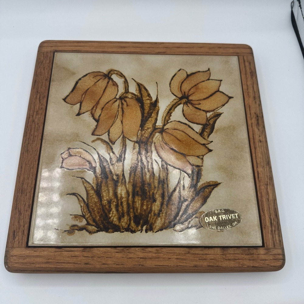 Vintage SRG Oak Trivet Ceramic Tile Floral Tulip Wood Hot Plate